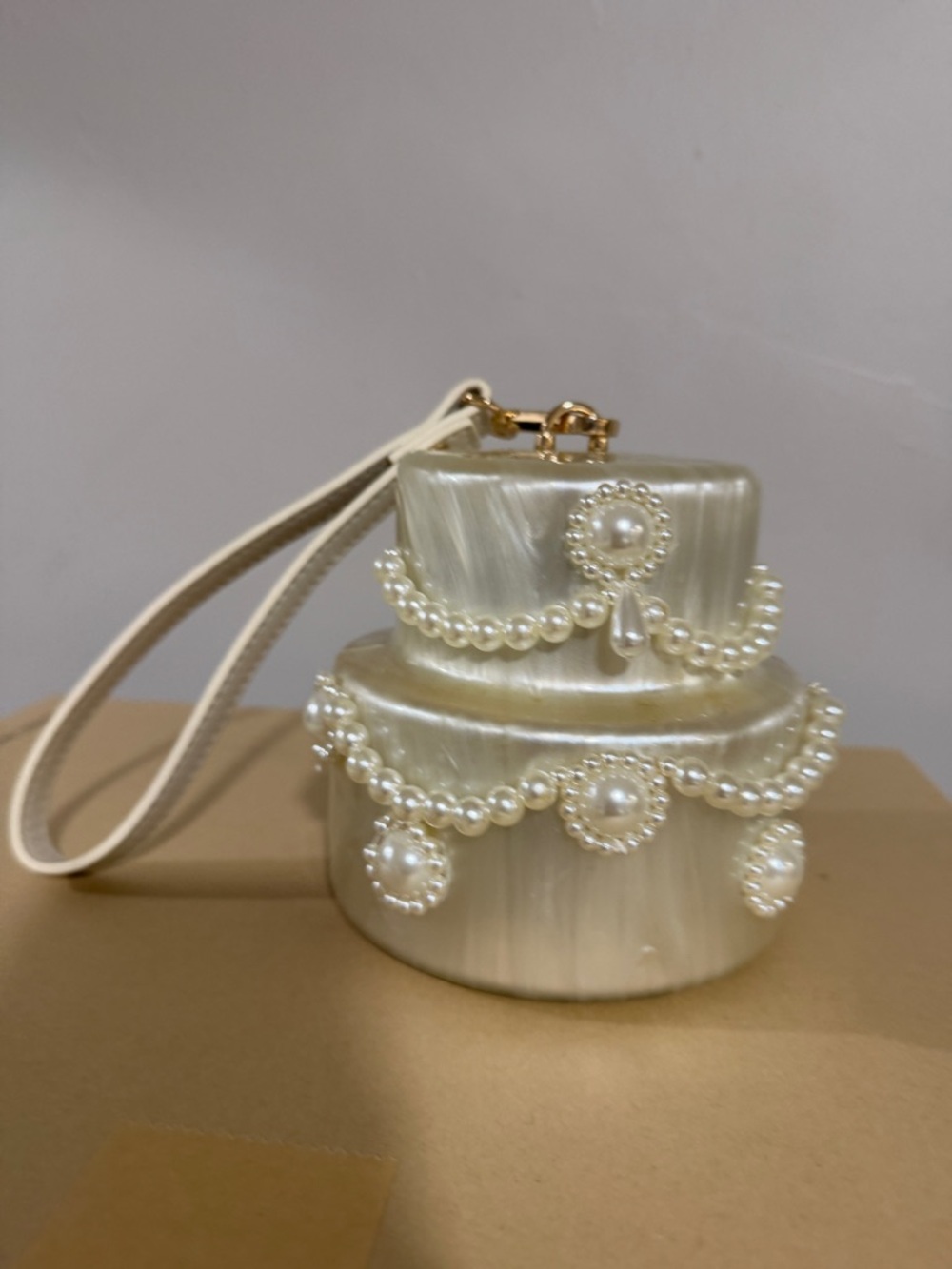 Pearl-Embellished Ivory Mini Wristlet Box Bag